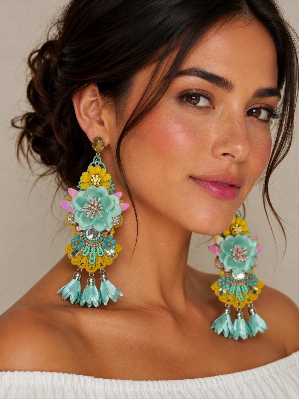 Boho Floral Statement Earrings - Aqua & Yellow